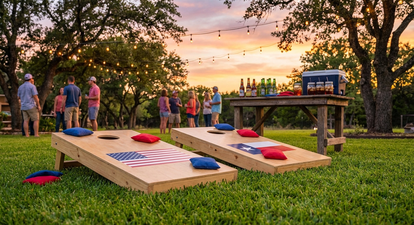 Regulation cornhole boards with American and Texas flag designs at sunset