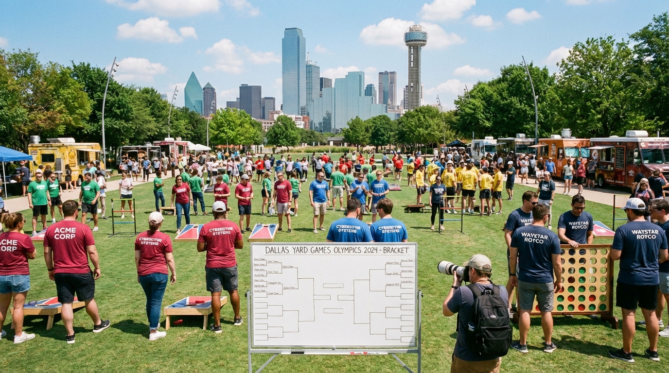 Corporate yard game olympics with tournament bracket and Dallas skyline in the background