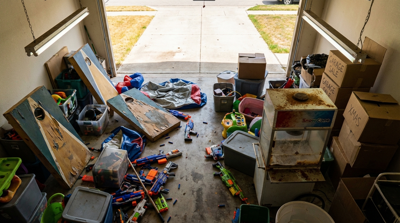 Cluttered Texas garage filled with warped cornhole boards, scattered Nerf blasters, deflated inflatables, and a dusty snow cone machine