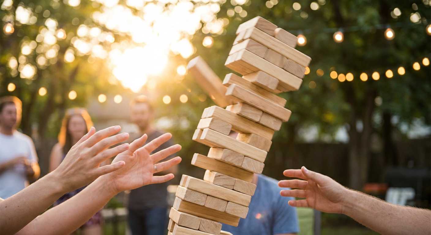 Giant Jenga tower toppling at a backyard party with string lights at golden hour
