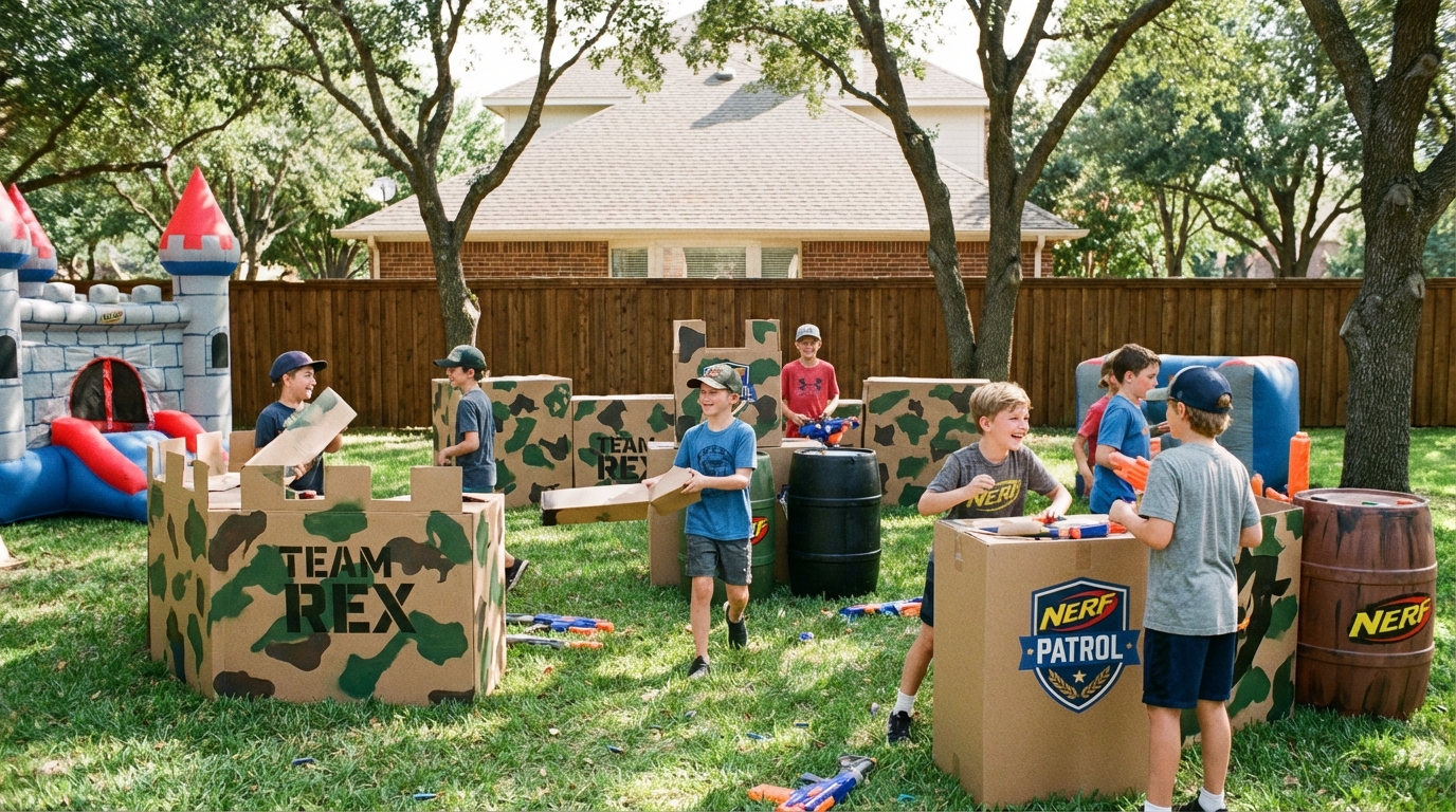 Kids setting up a Nerf battle arena with cardboard barricades in a Texas backyard
