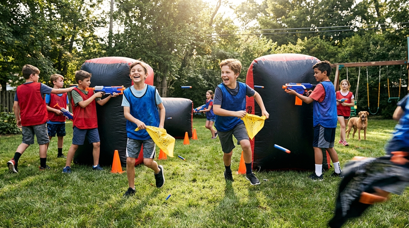 Kids in red and blue team vests playing Nerf capture the flag with inflatable barriers, one kid sprinting with a yellow bandana flag