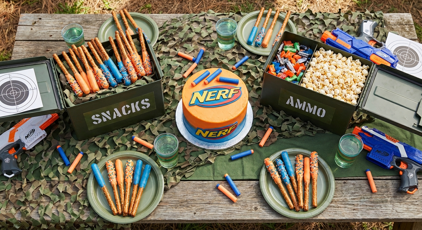 Themed Nerf party snack table with ammo box containers, foam dart pretzels, and orange birthday cake