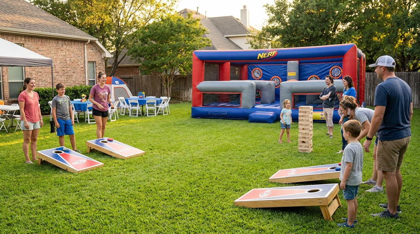Family enjoying a professionally set up backyard party with commercial-grade cornhole boards, Giant Jenga, and inflatable Nerf barriers