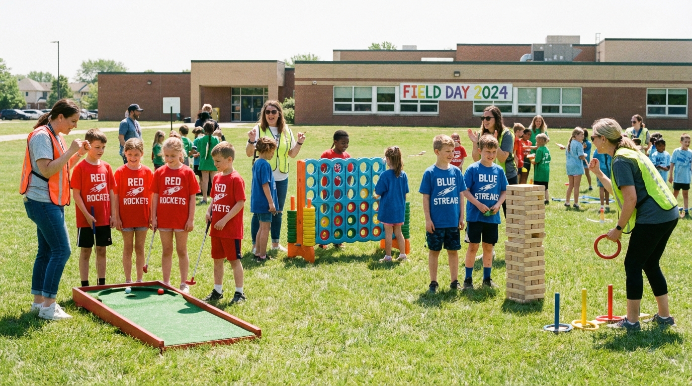Elementary school field day with kids in team shirts at game stations including portable mini golf, Giant Connect Four, Jenga tower, and ring toss