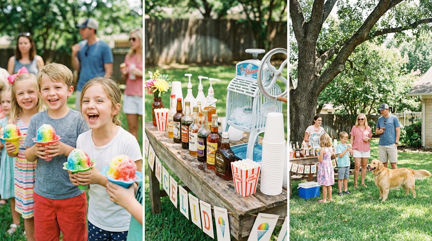 Kids holding colorful rainbow snow cones at an outdoor concession station with a vintage snow cone machine and syrup bottles