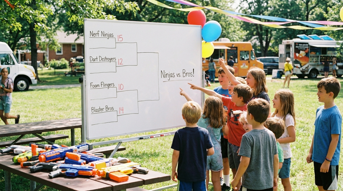 Kids gathered around a whiteboard tournament bracket with team names like Nerf Ninjas and Blaster Bros, scores written in marker